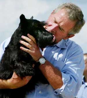 Barney, the dog and George W. Bush, The President of USA. Kiss me, baby, kiss me.
